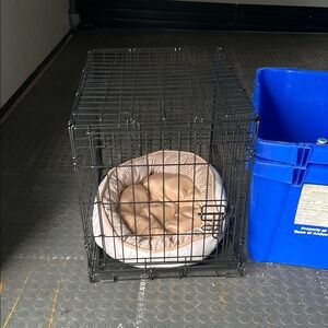 Black Metal Pet Crate with Tan Cushion